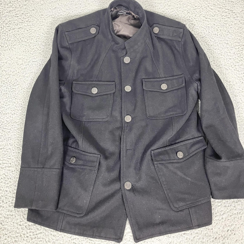 Kenneth Cole Reaction Coat Mens 2XL Black Wool Military Jacket Button Front